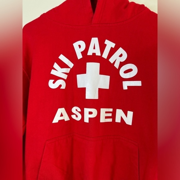 Ski Patrol Aspen Colorado Red White Hoodie Pullover Sweatshirt Spell Out Medium - Picture 2 of 16